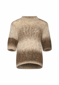 Krótki sweter z krótkim rękawem w gradientowych odcieniach brązu i beżu. Dzianinowa textura z otwartym splotem oraz okrągłym dekoltem.