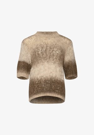 Trumpas, trumpomis rankovėmis megztinis, gradientinėmis rudos ir smėlinės atspalviais. Mezginio tekstūra su atviru audiniu ir apvaliu dekoltė.