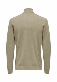 Beige gestrickter Pullover mit hohem Kragen, langen Ärmeln, gerippten Bündchen und Saum. Glatte Textur und minimalistisches Design ohne Muster.