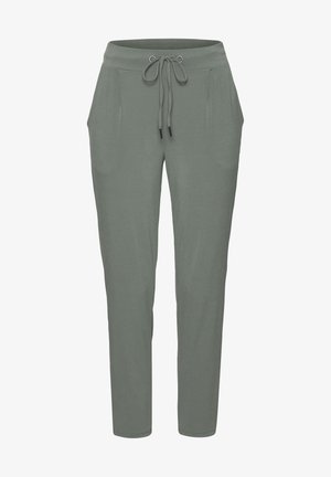 Gray sweatpants with a drawstring waistband, side pockets, and a tapered leg design made of soft, lightweight fabric.