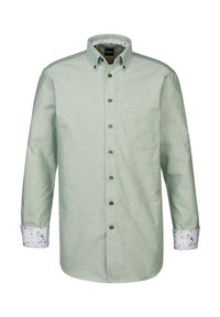 Camicia verde chiaro con bottoni, dotata di tasca, polsini a fantasia floreale in contrasto e dettagli con bottoni sia nella parte frontale che sui polsini.