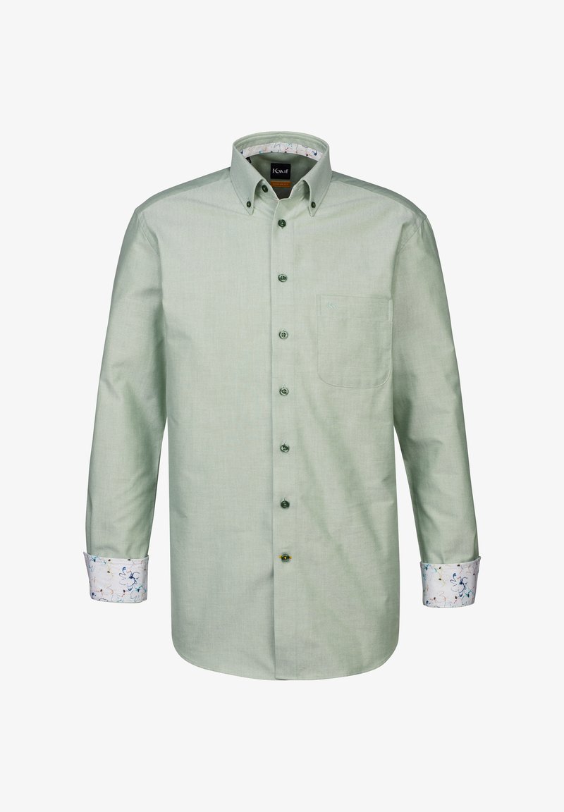 Camicia verde chiaro con bottoni, dotata di tasca, polsini a fantasia floreale in contrasto e dettagli con bottoni sia nella parte frontale che sui polsini.