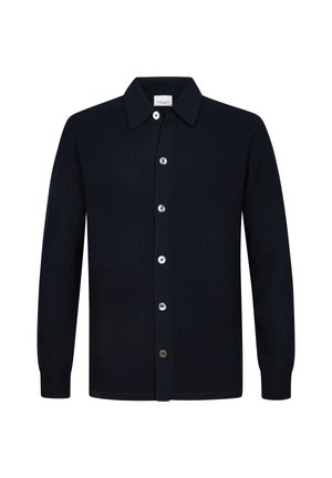 Dunkelblaues Rippstrick-Cardigan mit langen Ärmeln, Knopfverschluss und spitzem Kragen. Verfügt über sechs silberfarbene Knöpfe und eine weiche Textur.