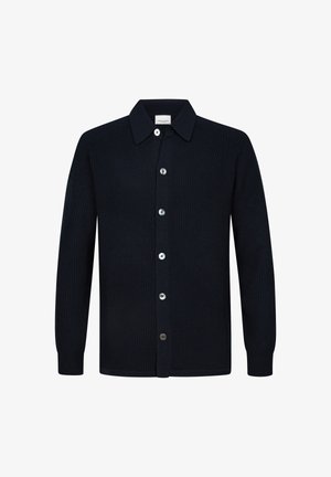 Dark navy ribbed cardigan with long sleeves, button closure, and a pointed collar. Features six silver-toned buttons and a soft texture.