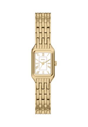 Montre-bracelet rectangulaire Fossil ton or avec bracelet métallique à maillons et cadran blanc avec chiffres romains dorés et aiguilles.
