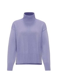 Pull à col roulé tricoté de couleur violet clair avec manches longues et poignets et ourlet côtelés, présenté sur un fond blanc.