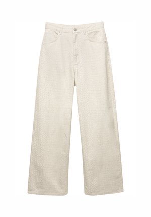 Pantalons larges taille haute en beige clair avec un motif texturé subtil, fermeture à bouton et à glissière à l'avant, et poches avant.