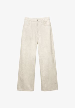 Hoge taille wijde pijpen broek in lichtbeige met een subtiele textuurpatroon, front knoop- en ritssluiting, en voorzakken.