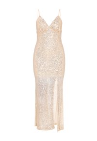 Testhez simuló, fémes csillogású ruha V-nyakkivágással, vékony pántokkal, testhez álló sziluettel és oldalsó hasítékkal, mely ragyogó textúrával és bonyolult részletekkel rendelkezik.