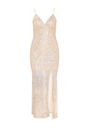Nude sukienka cekinowa z dekoltem w kształcie litery V, cienkimi ramiączkami, dopasowaną sylwetką i bocznym rozcięciem, z połyskującą teksturą i wyrafinowanymi detalami.