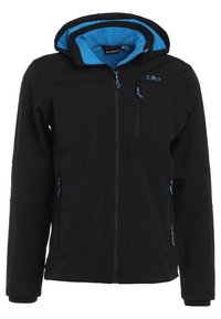 Black softshell jacket with blue lining, zippered front pockets, elastic cuffs, and adjustable hood, featuring sleek design and breathable fabric.