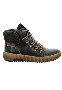 Bottes montantes noires en cuir texturé, avec un col en fausse fourrure marron, des œillets en métal et une semelle en caoutchouc striée.