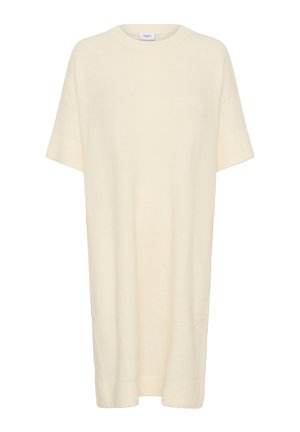 Cream-colored, short-sleeve, knee-length knit dress with ribbed cuffs and hem, round neckline, and a Saint label at the collar.