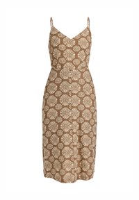 Ruskea midi-mekko V-kaula-aukolla ja ohuilla olkaimilla, jossa on vaaleankermainen kukkakuosi. Kevyestä kankaasta valmistettu, se muotoutuu kiinteästi vartalon mukaisesti.