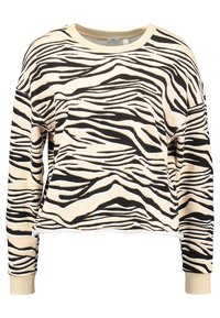 Svart och gräddfärgad zebramönstrad sweatshirt med rundad hals, långa ärmar och ribbade muddar, med en något kortad f åll.