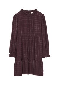 Bordeauxkleurige jurk met een geruit patroon, ruffles bij de halslijn en mouwen, gelaagde zoom, lange mouwen, gemaakt van zachte textuurstof.