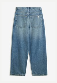Wide-leg blue denim jeans shown from the back with two large square pockets and a small faded distressed detail on the right pocket.