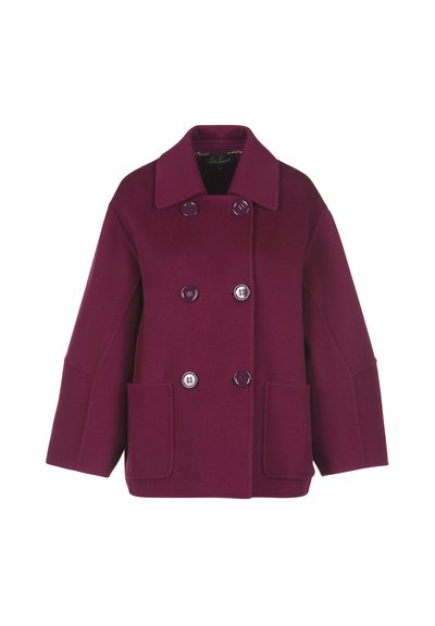 Burgunderfarbenes Wollmischung-Peacoat mit doppelt geknöpftem Verschluss, großen Taschen und breiten Revers. Verfügt über glänzende lila Knöpfe und eine kastige Form.