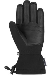 Schwarze Handschuhe mit einer Lederhandfläche und einem textilen Oberteil. Kommt mit einem Zugverschluss, elastischem Handgelenk und verstärkten Nähten.