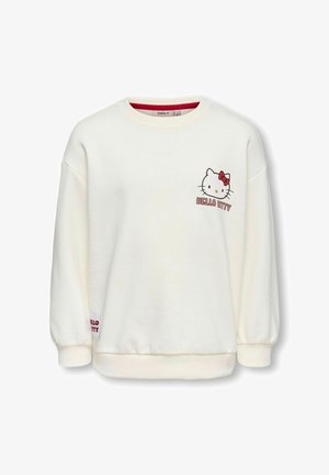 Biała bluza z długimi rękawami, z grafiką Hello Kitty i haftowanym napisem. Rybkowane mankiety i dół. Miękka tekstura materiału.