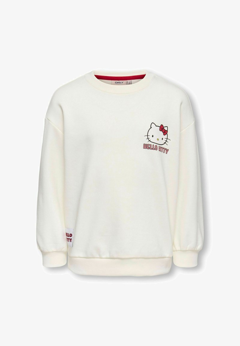 Sweatshirt blanc à manches longues, avec un graphisme Hello Kitty et un texte brodé. Poignets et ourlet côtelés. Texture de tissu douce.