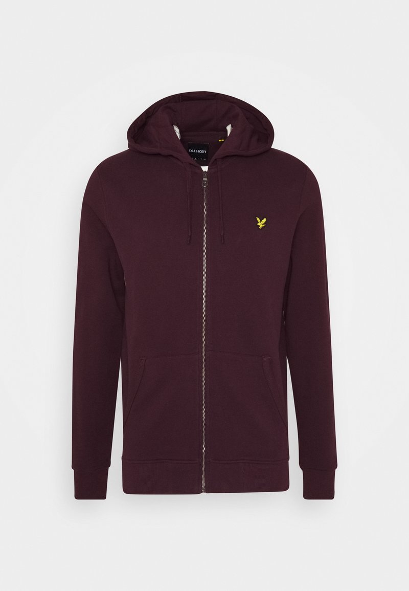 Bordeaux hoodie met rits, gemaakt van zachte stof, voorzien van een capuchon, twee voorkeurszakken en een klein geel logo op de borst.