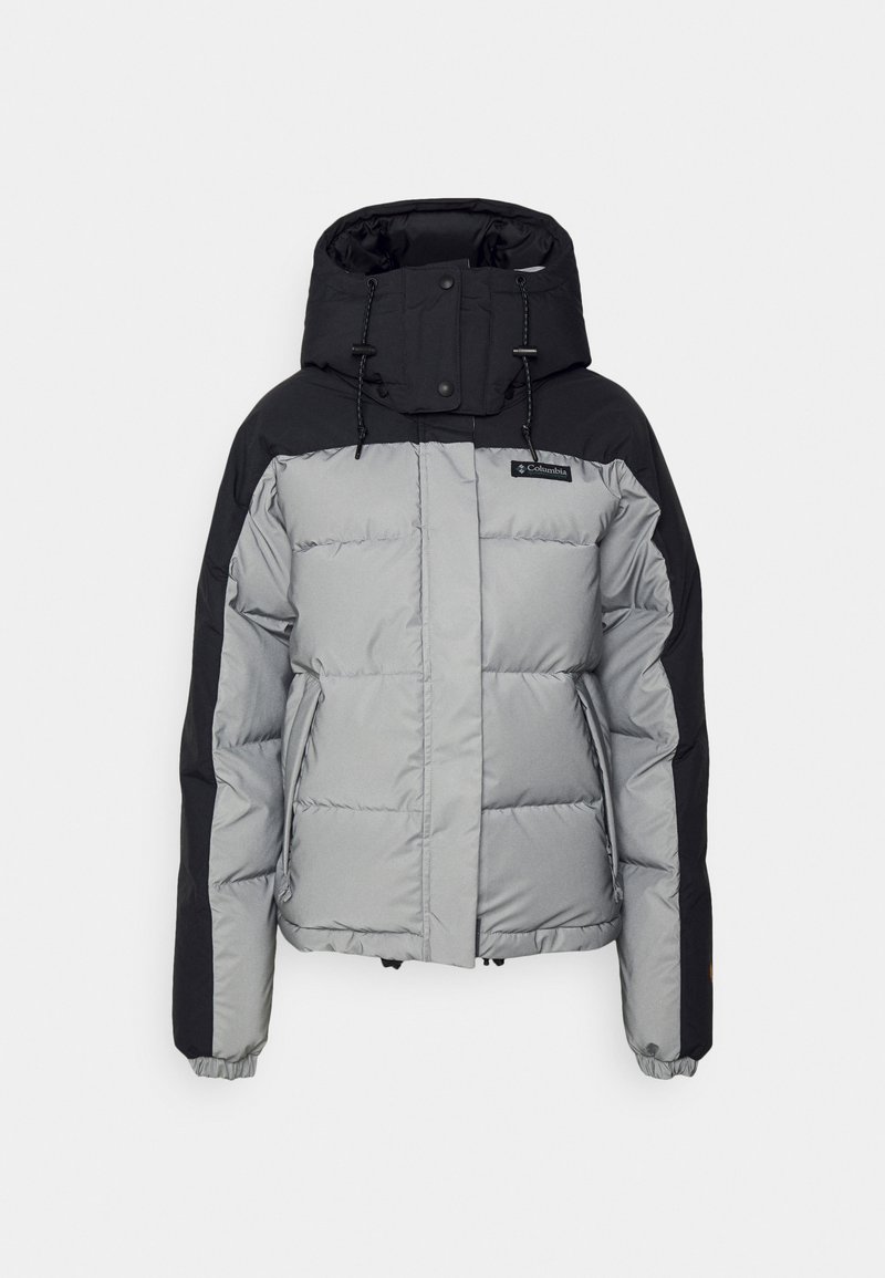 Graue und schwarze Daunenjacke mit Kapuze, mit einem gesteppten Design, elastischen Bündchen und Zugbändern an der Kapuze und am Saum.