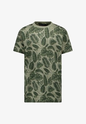 Groen T-shirt met korte mouwen met een all-over print van bladeren en planten. Gemaakt van zacht stof met een ronde hals.