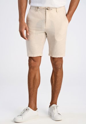 Beige linnen shorts met een relaxte pasvorm, voorzien van een elastische tailleband met een trekkoord, twee zijzakken en een zoom die boven de knie eindigt.