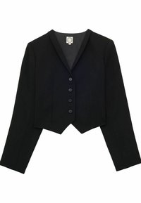 Blazer noir court avec un revers cranté, des manches longues et six boutons noirs à l'avant, fabriqué en tissu lisse.
