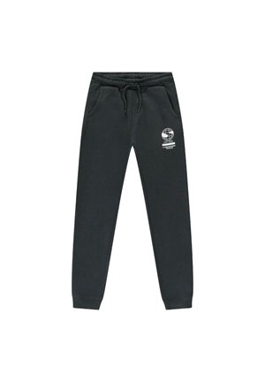 Zwarte sweatpants van zacht materiaal, met een elastische tailleband, zijzakken en een logo-opdruk op de linkerdij.