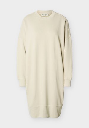 Beige long-sleeve crew neck sweatshirt dress with ribbed cuffs and hem, casual loose fit, label inside neckline.
