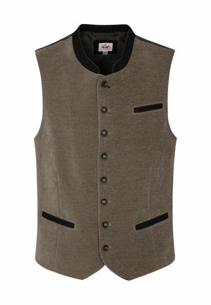 Bruine, gestructureerde vest met een hoge kraag, knopen aan de voorkant en twee zwarte accentzakken. Gemaakt van een geweven stof met een geribbeld patroon.