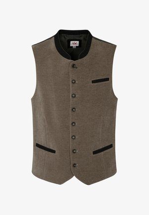 Bruine, gestructureerde vest met een hoge kraag, knopen aan de voorkant en twee zwarte accentzakken. Gemaakt van een geweven stof met een geribbeld patroon.