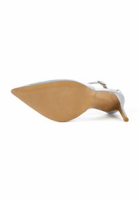 Silberner High-Heel-Schuh mit spitzem Zeh und schlankem Stiletto-Absatz. Die Sohle ist tanfarben und glatt, mit einer strukturierten Oberfläche.