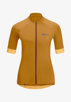 Korte mouwen fietsshirt in mosterdgeel met een ritssluiting aan de voorkant, contrasterende manchetten en een logo op de linkerborst. Soepele textuur.