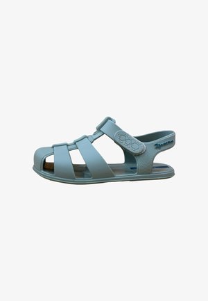 Sandalo per bambini azzurro chiaro con cinturino regolabile e punta aperta, con tacco chiuso e suola strutturata.