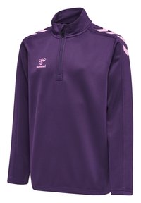 Paarse sportieve half-rits trui met lange mouwen, voorzien van roze chevronaccenten en een klein logo op de borst. Gemaakt van glad, lichtgewicht materiaal.
