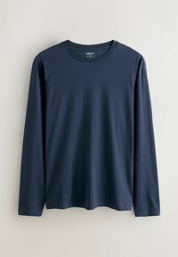 Marineblaues Langarm-T-Shirt aus weichem Baumwollstoff, mit Rundhalsausschnitt und entspannter Passform, ohne Muster oder Akzente.