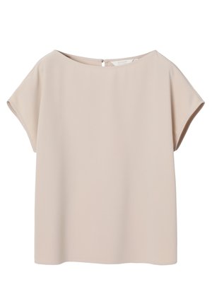 Beige Kurzarmbluse mit U-Boot-Ausschnitt und Schlitzknopfverschluß am Rücken, vor weißem Hintergrund dargestellt.