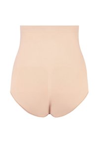 Shapewear beige a vita alta, design senza cuciture, tessuto morbido, texture liscia, forma della schiena arrotondata senza cuciture o decorazioni visibili.