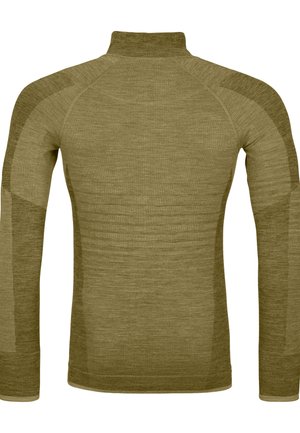 Long-sleeve, olive green thermal top with a high collar, ribbed texture, and seamless shoulder design for comfort and flexibility.