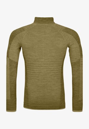 Long-sleeve, olive green thermal top with a high collar, ribbed texture, and seamless shoulder design for comfort and flexibility.