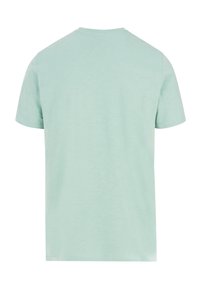 Jasnozielona koszulka z krótkim rękawem, wykonana z miękkiej, teksturowanej tkaniny, z okrągłym dekoltem i prostym wykończeniem, z minimalnymi detalami.