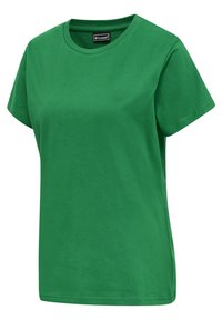 Grøn bomulds T-shirt med korte ærmer, rund halsudskæring og en glat tekstur. Har en afslappet pasform og minimale syninger.
