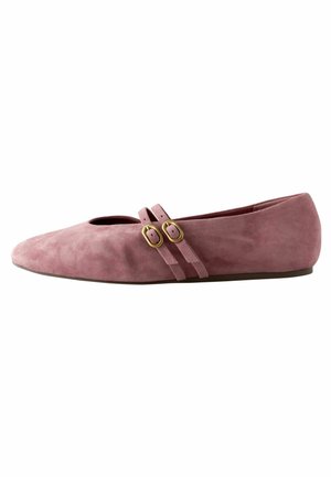 Balerini din suede în roz deschis cu o tăietură deschisă la vârf. Prezintă două curele subțiri cu catarame aurii. Textură simplă, netedă.