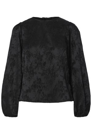 Μαύρη μπλούζα με μακριά φουσκωτά μανίκια, που διαθέτει υφή με λουλούδια. Στρογγυλή λαιμόκοψη με κούμπωμα στο πίσω μέρος.