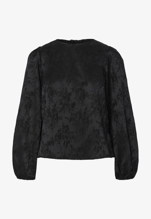 Crna bluzica s dugim napuhanim rukavima, s teksturiranim cvjetnim uzorkom. Okrugli izrez s dugmetom na leđima.