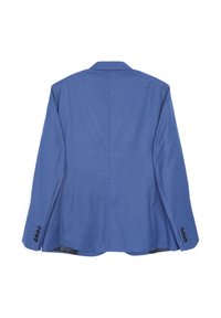 Blazer blu realizzato in tessuto testurizzato, presenta un colletto a punta, due bottoni sulle maniche e una schiena con spacco.