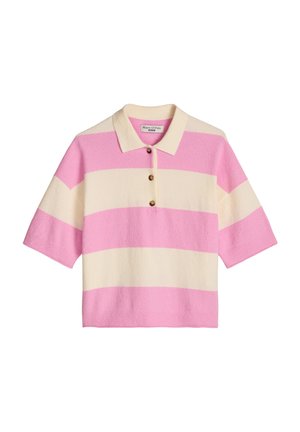 Kurzärmeliges Poloshirt mit breiten horizontalen Streifen in Rosa und Creme sowie drei Knöpfen am Kragen.